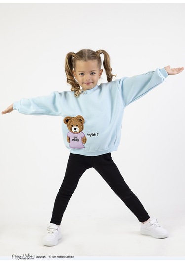 Kız Çocuk Orta Kalınlıkta Baskılı Örme Basic Taytlı Alt Üst Takımı Mavi