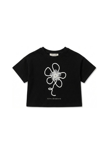 Cichlid Kız Çocuk Çiçekli Tshirt Siyah Siyah