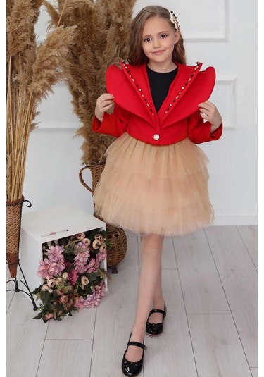Riccotarz Kız Çocuk V Yaka Ve Taş Detaylı Ceket Kırmızı Etekli Takım Kırmızı
