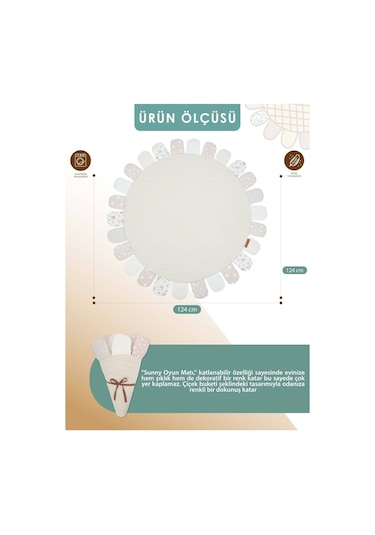 Mordesign Bebek/çocuk Oyun Halısı, Yenidoğan Emekleme Pedi, Aktivite Matı, Çok Amaçlı Minder, Sunny Serisi 125 X 125 Bej