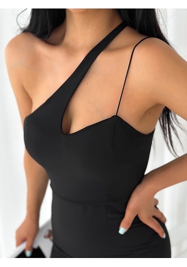 Modazeyosh Moda Zeyosh Asimetrik Astarlı Dabıl Elbise Siyah