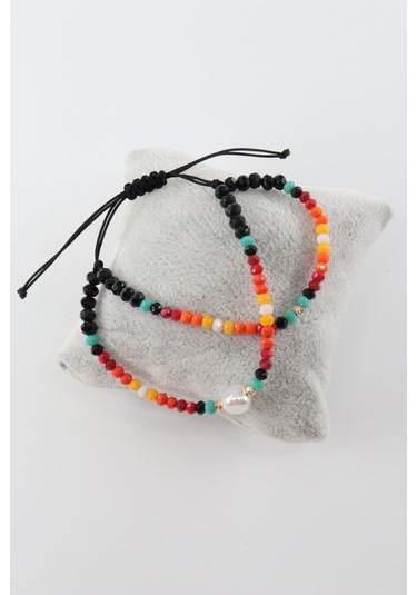 2li İncili Asansörlü Kombin Bileklik. Boncuk Bileklik, İp Bileklik, Halhal Bileklik. Kadın Bileklik. Çok Renkli