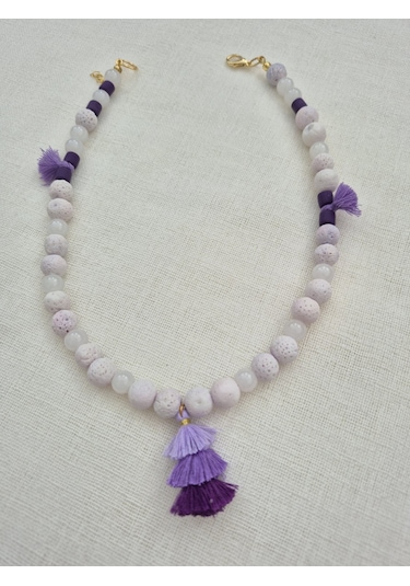 Lila Lav Taşlı Püsküllü Tasarım Kolye