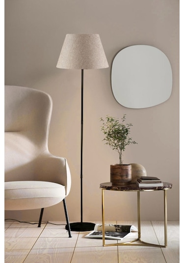 Tek Ayaklı Lambader Siyah Metal Abajur Bej Başlık Ml737