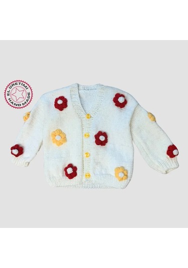 Uretti - Rukiye 7294 - El Örgüsü Çiçek Motifli Kız Çocuk Hırka 5 Yaş - Beyaz Beyaz