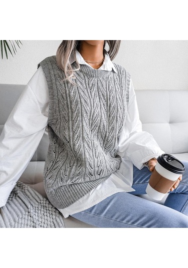 Kadın Sonbahar Kış Bisiklet Yaka Kesim Düz Renk Kolsuz Yaprak Örgü Tank Kazak Sl Gri