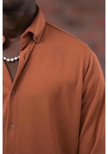 Advante İnce Fitilli Full Likralı Yaka Düğmeli Mevsimlik Slimfit Gömlek kiremit