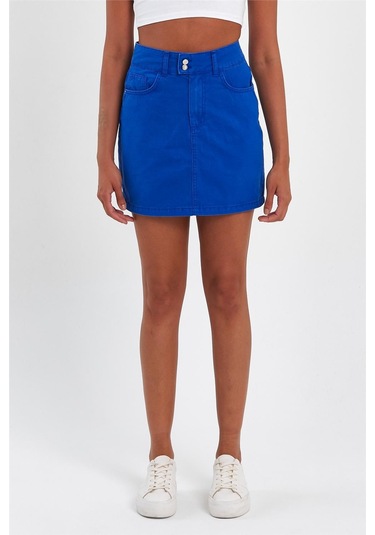 Kadın Çift Düğmeli Mini Kot Etek Saks-saks Saks Mavi