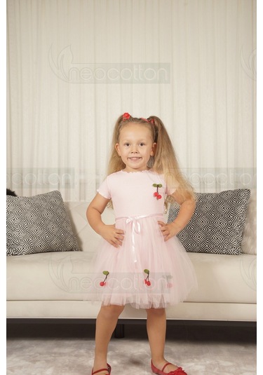 Tüllü Astarlı Esnek Kirazlı Elbise Kısa-pembe Pembe