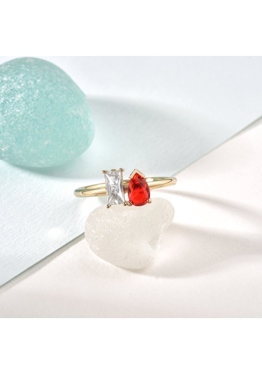 14 Ayar Altın Kaplama Kalp Ve Damla Renkli Taşlı Yüzük - Rs00114 Altın