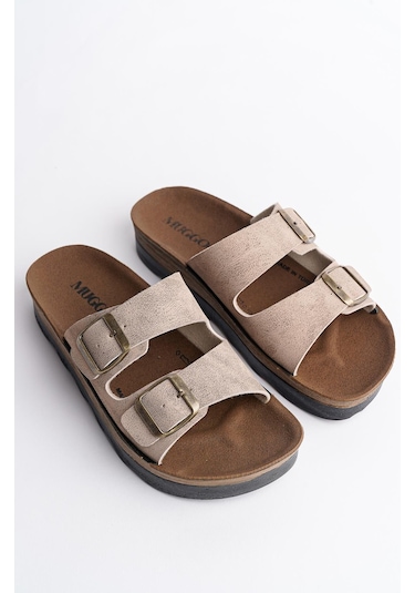 Muggo Rehda Garantili İki Toka Rahat Taban Ayarlanabilir Unisex Terlik Bej