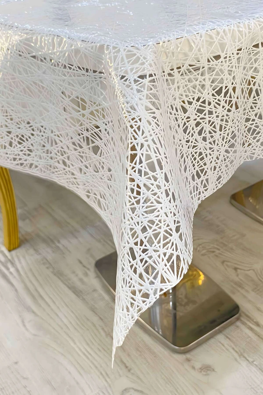 Rona Home Şeffaf Hasır Lüx Pvc Kaplamalı Masa Örtüsü Silinebilir, Su Geçirmez, Beyaz Bej Muşamba Beyaz