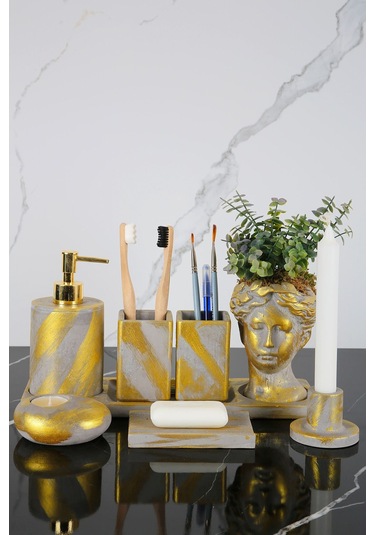 Betonmall 8 Parça Beton Banyo Seti Helen Yapay Çiçekli Saksı Katı Sıvı Sabunluk Diş Fırçalık Tütsülük Mumluk Beton Gri Eskitme Beton Gri