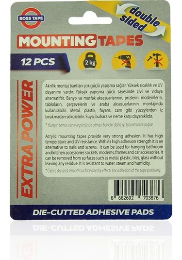 Boss Tape 3876 Çift Taraflı Ekstra Güçlü Montaj Bandı Ped 25mmx30mm 12li Blister