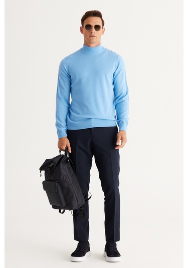 AC&Co / Altınyıldız Classics Erkek Acık Mavı Standart Fit Normal Kesim Yarım Balıkçı Yaka Triko Açık Mavi