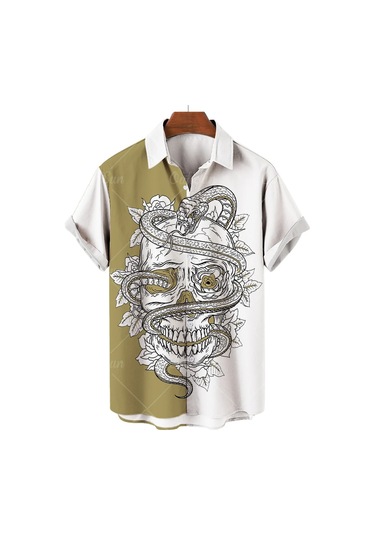 Snapbuyyaz Hawaii Kafatası Erkek Kısa Kollu Rahat Gömlek Dijital 3d Baskı Kore Çiçek Desen Harajuku Stilkahverengierkek Kahverengi