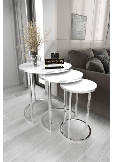 3'lü C Zigon Sehpa Gümüş Ayak Beyaz Ayna