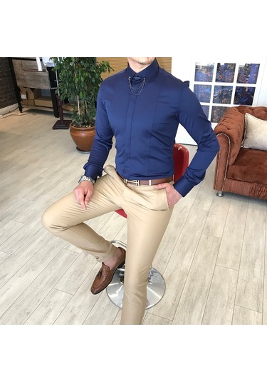 Italyan Kesim Slim Fit Erkek Saten Zincirli Gömlek Lacivert T4802