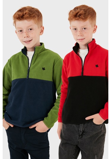 Lela Yumuşak Dokulu Yarım Fermuarlı Renk Bloklu Dik Yaka 2'Li Paket Çocuk Polar 5905004S2 Kırmızı Siyah-Yeşil Lacivert
