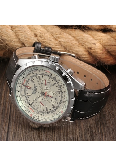 Erkek Otomatik Mekanik Saat Deri Kayış Moda Kol Saati Takvim Tarih Göstergesi Beyaz Diğer
