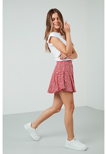Lela Beli Lastikli Mini Şort Bayan Etek 5864024 Kırmızı-Beyaz