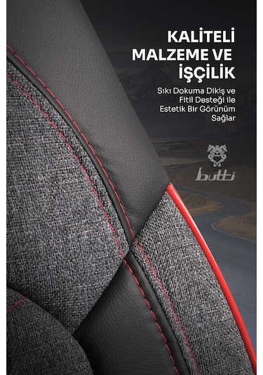 Siyah - Kırmızı Butti Bello Serisi Keten Kumaş Premium Oto Koltuk Kılıfı Ortopedik Destekli, Ön Arka Tam Set