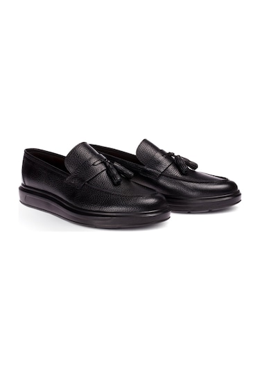 Deery Hakiki Deri Püsküllü Siyah Comfort Erkek Loafer Siyah