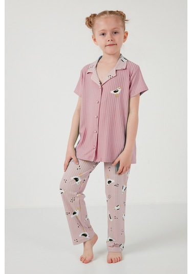 Lela Baskılı Beli Lastikli Gömlek Yaka Kısa Kollu Kız Çocuk Pijama Takımı 6576001 Pembe