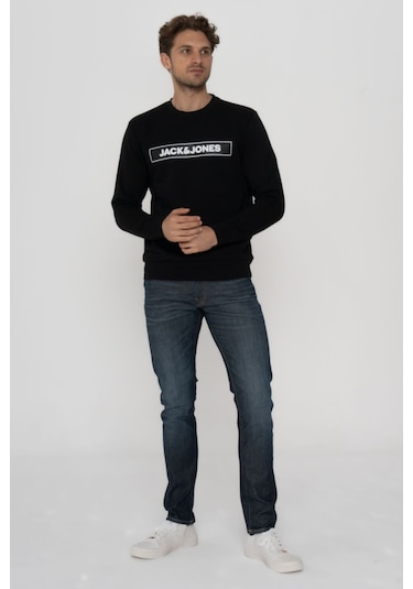 Jack & Jones Erkek Gögüs Logo Baskili Sweatshirt - Minder 12193076 Black Siyah