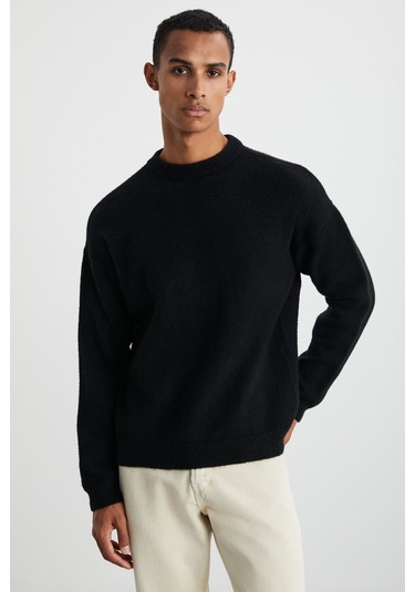 Tromso Erkek Bisiklet Yaka Oversize Recycle Triko Triko Siyah Kazak