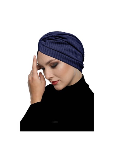 Çapraz Fitilli Penye Lacivert Hazır Türban Tesettür Havuz Bonesi Lacivert