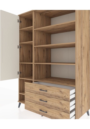 Kronos Dolap 9 Raflı 3 Çekmeceli Tek Kapaklı 132x59x195 Çam-aytaşı/çam Aytası/atlas Çam