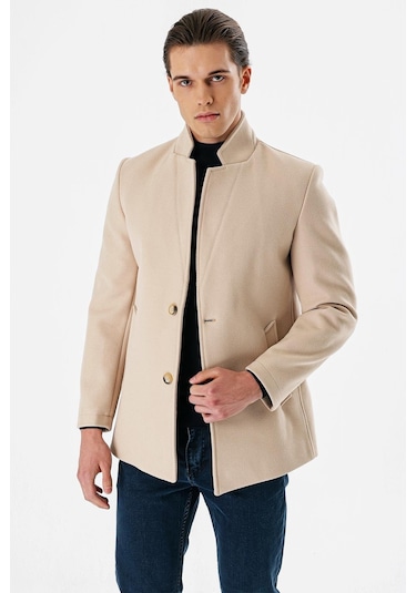 Açık Bej Kaşe Dik Yaka Astarlı Slim Fit Dar Kesim Casual Mont 1007235170-Açık Bej