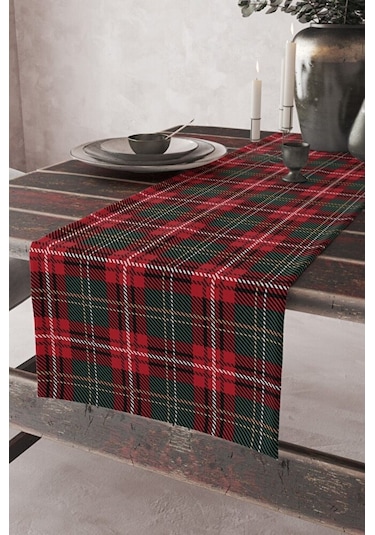 Kırmızı Yeşil Ekose Desen Runner - Ekose Kırmızı Yeşilli Runner Kırmızı