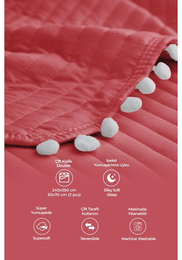 Evlen Home Ponponlu Çift Kişilik %100 Pamuk Yatak Örtüsü Pike Takımı Kırmızı