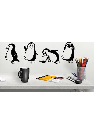 Penguen Dekoratif Duvar, Kapı, Merdiven Süsü Sticker Etiket 4'lü Siyah