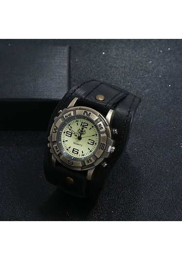 Siyah Erkekler Punk Retro Basit Moda Pin Toka Kayış Deri Saat