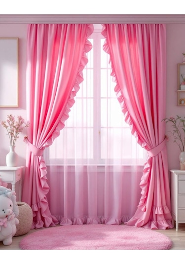 Fırfırlı Vintage Kadifemsi Dertsiz Pamuk Keten Perde En X Boy - Tek Kanat Pembe