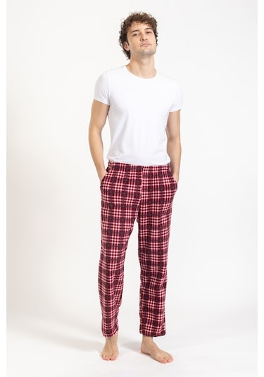 Erkek Polar Kışlık Eşofman Alt Desenli Tampap Polar Alt- 1005 Kırmızı