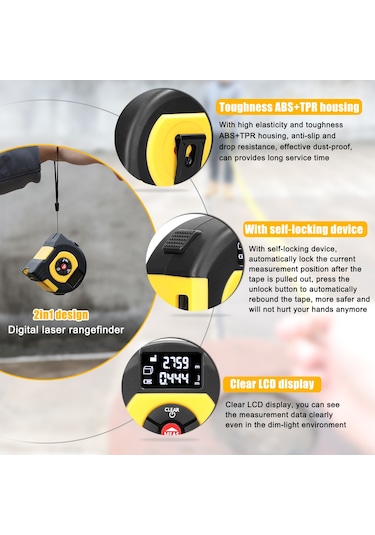 Reedark Usb Şarjlı 2 Si 1 Arada Lazerli Mesafe Ölçer Ve Şerit Metre, Alan Ve Hacim Hesaplama, Tarihsel Veri Hafızası, Geniş Kullanım Alanı.