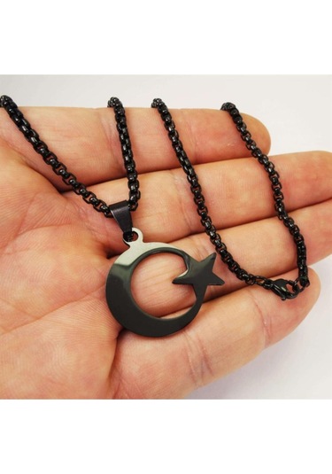 Siyah Ay Yıldız Bayrak Çelik Erkek Kolye Zincir - Sevgiliye - Eşe- Babaya - Arkadaşa Kolye