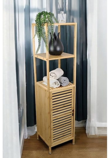 Digithome Bambu Tek Kapaklı 3 Raflı Çok Amaçlı Banyo Düzenleyici Organizer Dik Dolap Jwbw-5049
