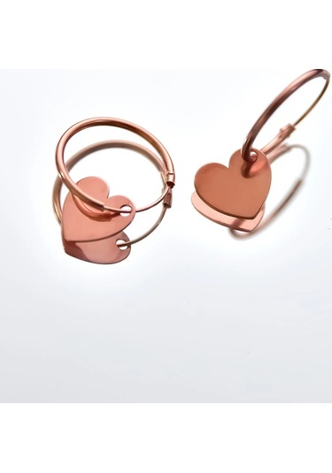 925 Ayar Gümüş Rose Kaplama Plaka Kalp Figürlü Halka Küpe