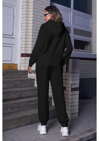 Modagen Kadın Siyah Kapüşonlu Alt Üst Eşofman Takımı Siyah