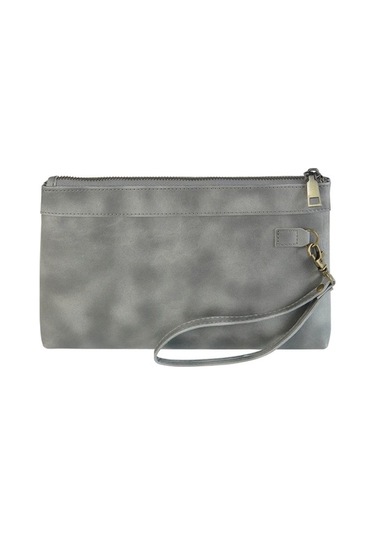 Shidai888 Retro Deri Debriyaj Fermuarlı Zarf Çanta Gri