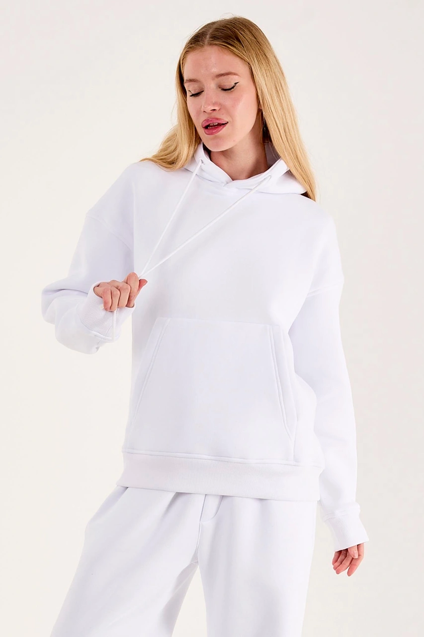 Q-4008 Kapüşonlu Üç İp Şardonlu Sweat Beyaz