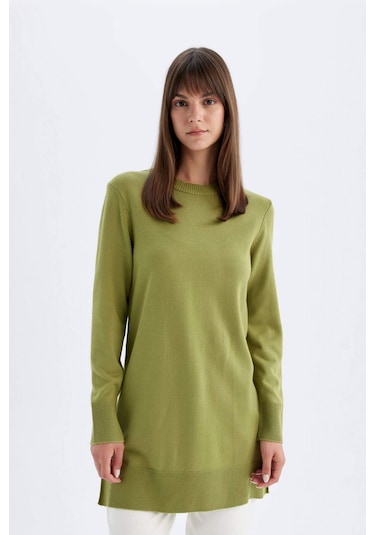 DeFacto Regular Fit Bisiklet Yaka Yırtmaçlı Basic Düz Triko Kazak Tunik H3431AZ24AUKH353 Haki