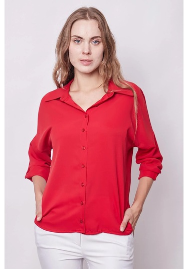 Likrasız Şık Kumaş Yakalı Sırt Dekolteli Uzun Kol Apoletli Gömlek-kırmızı Kırmızı