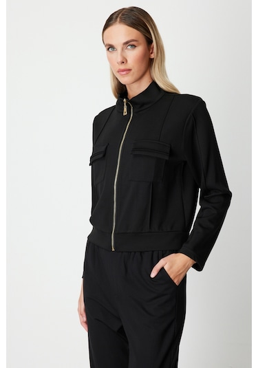 On Kadın Cep Detaylı Dik Yaka Eşofman Üstü 66509 Siyah Siyah