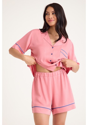 Dream Pembe Viskon Kısa Kollu Şortlu Önden Düğmeli Pijama Takım Pembe